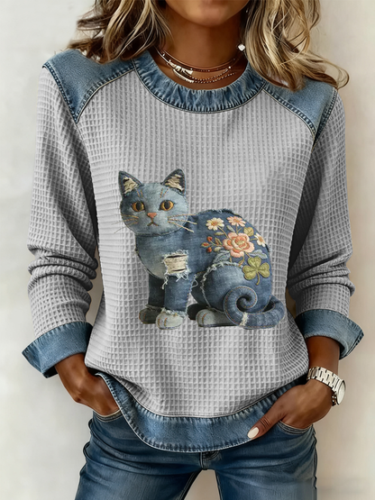Gato Vintage Patchwork impressão Denim Patchwork Top do mulheres