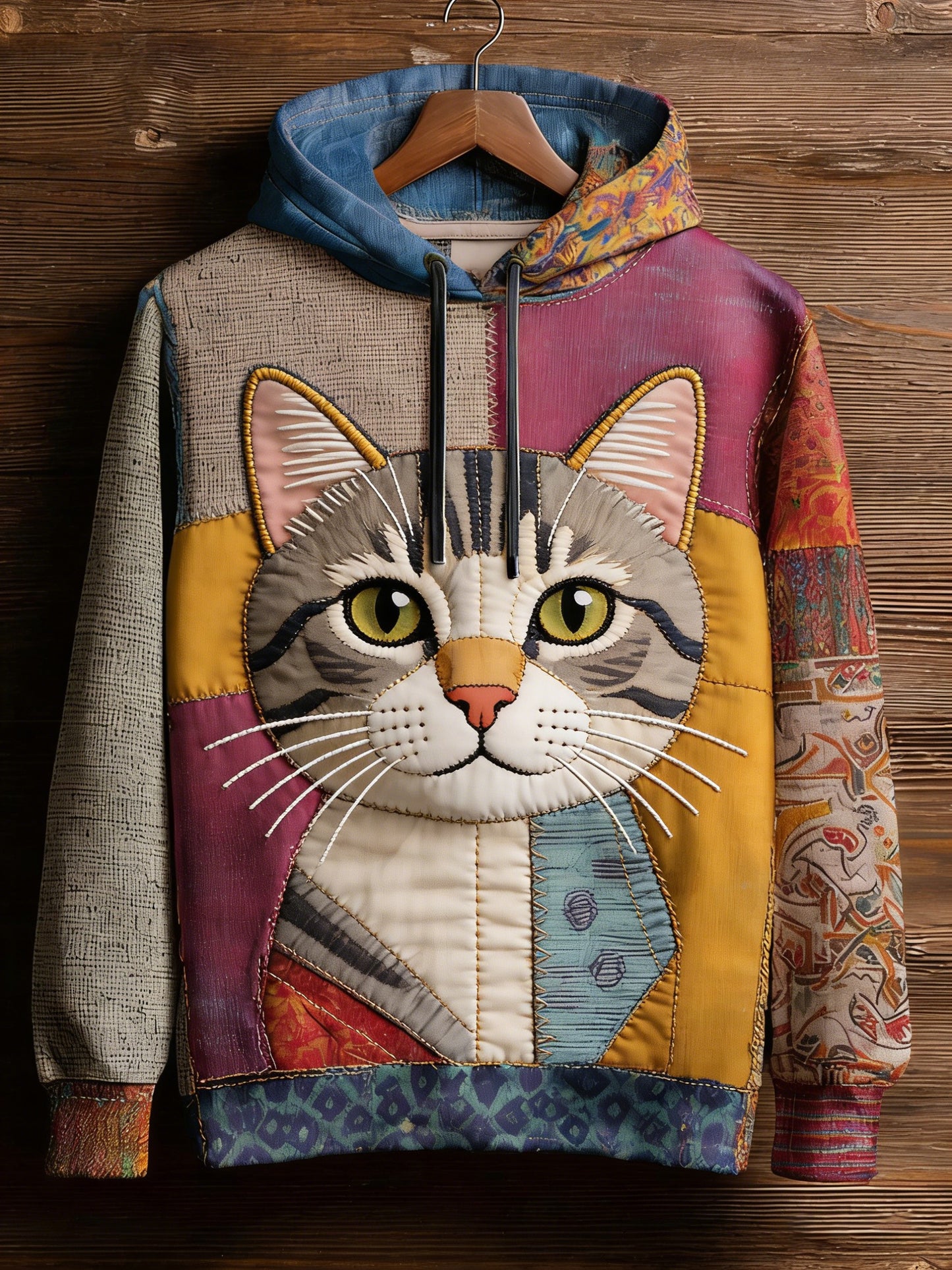 Patchwork Vintage gato impressão arte Casual Hoodie do mulheres
