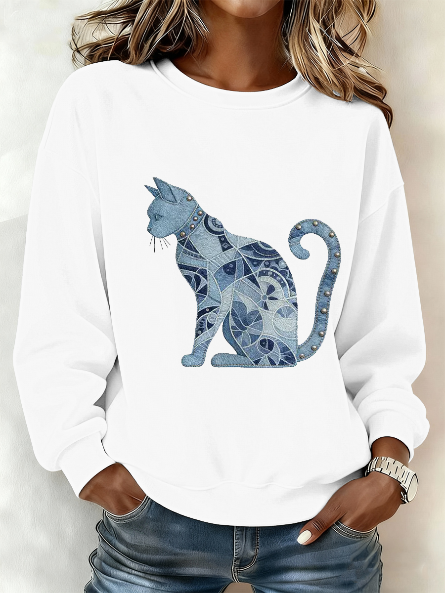 Gato Vintage Patchwork Print moletom do poliéster feminino