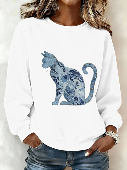 Gato Vintage Patchwork Print moletom do poliéster feminino