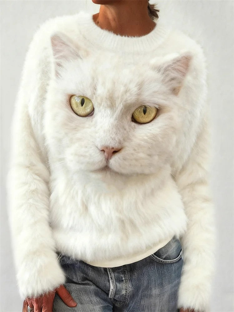 Camisola impressa de gato feminino