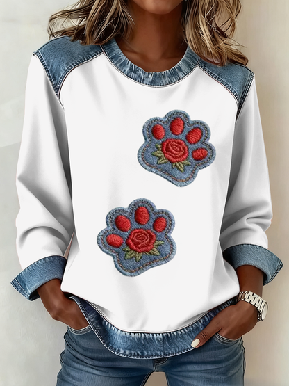 Vintage gato pata retalho impressão Denim Patchwork Top do mulheres