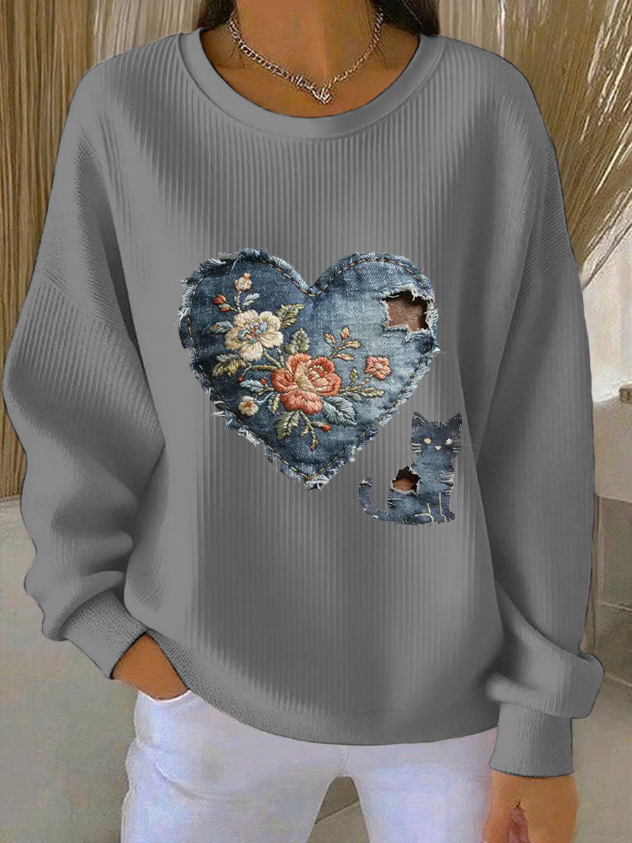Gato Vintage Patchwork impressão Denim Patchwork Top do mulheres
