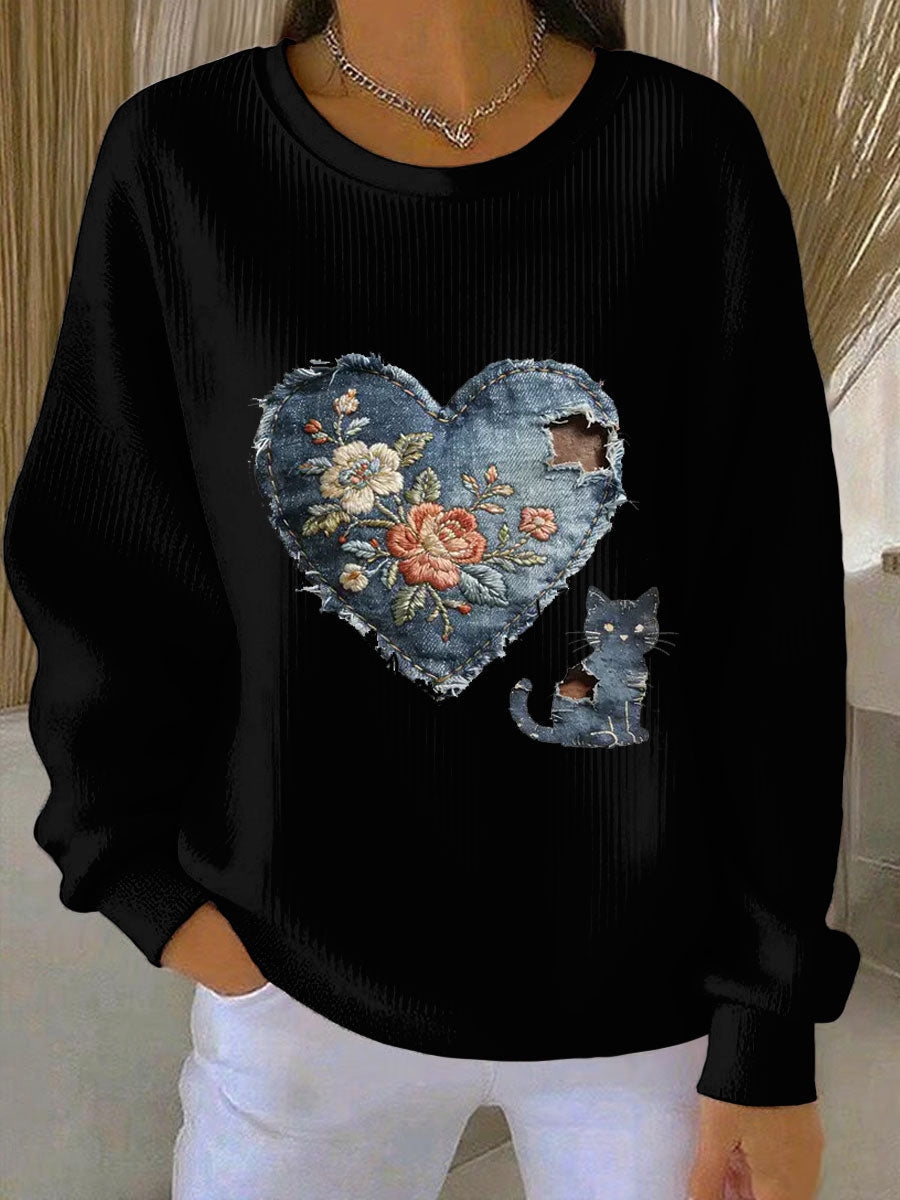 Gato Vintage Patchwork impressão Denim Patchwork Top do mulheres