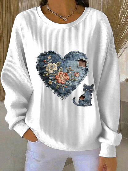Gato Vintage Patchwork impressão Denim Patchwork Top do mulheres
