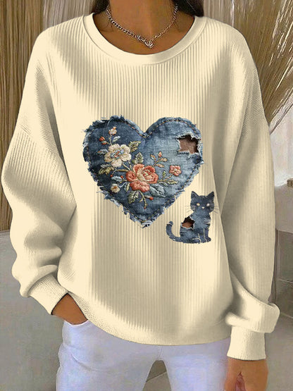 Gato Vintage Patchwork impressão Denim Patchwork Top do mulheres