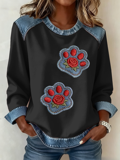 Vintage gato pata retalho impressão Denim Patchwork Top do mulheres