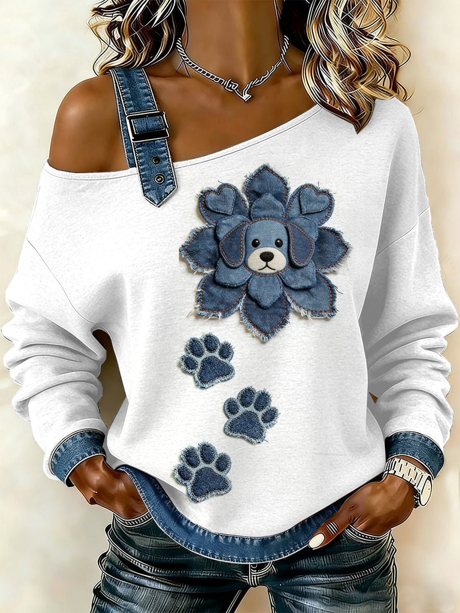 Flor Vintage cão Patchwork feminino imprimir camisola Off-ombro Casual