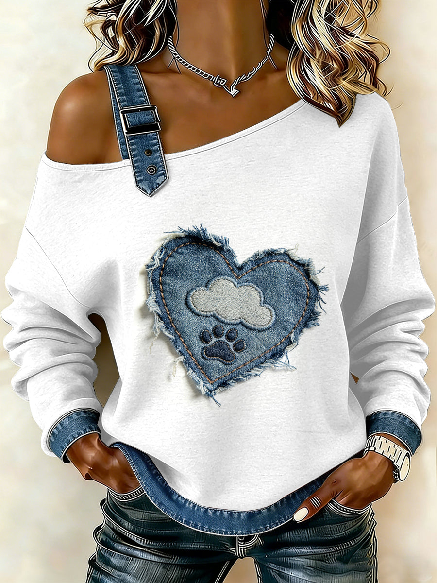 Patchwork de pata do cão Vintage feminino imprimir camisola Off-ombro Casual