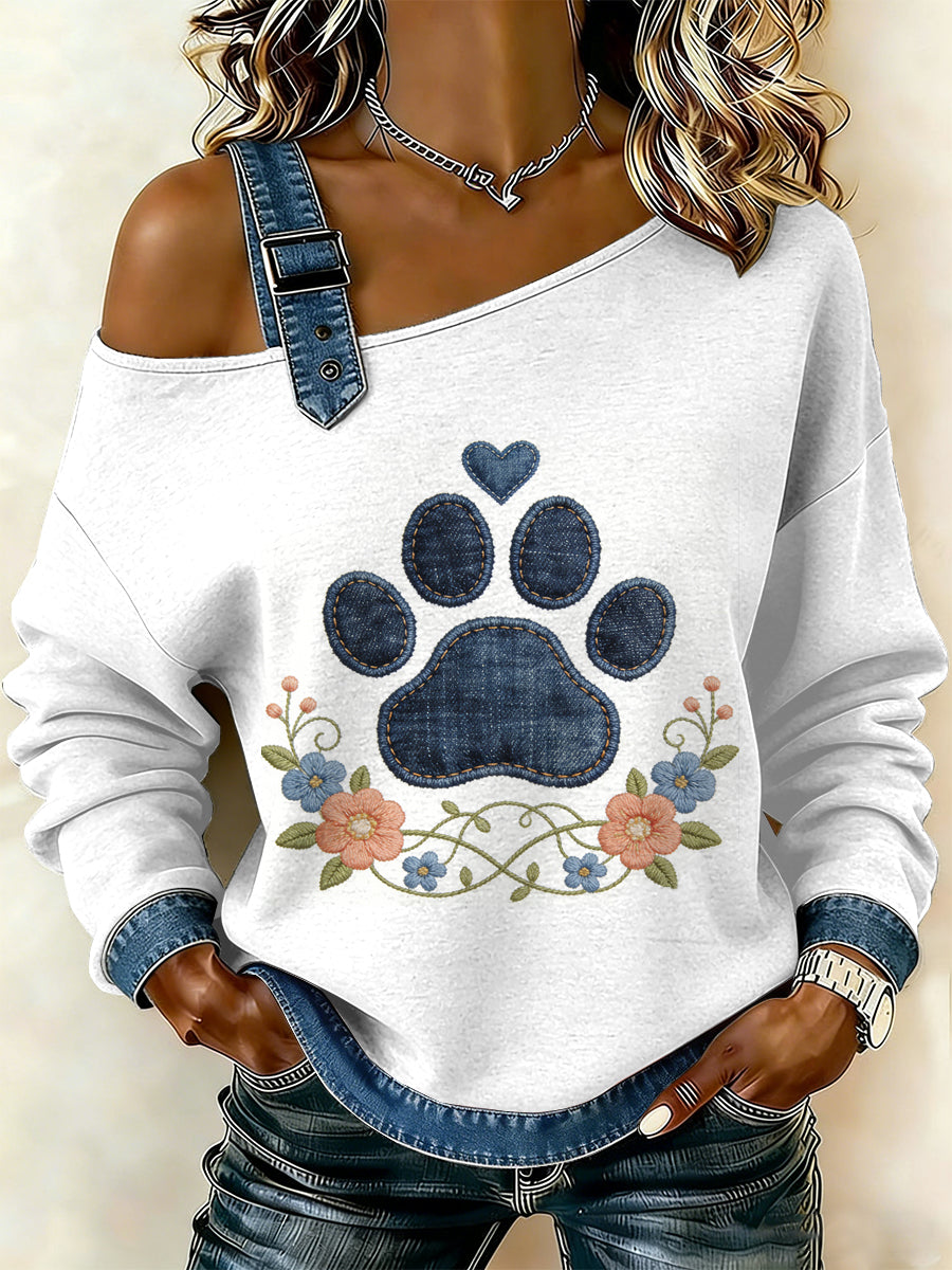 Patchwork de pata do cão Vintage feminino imprimir camisola Off-ombro Casual