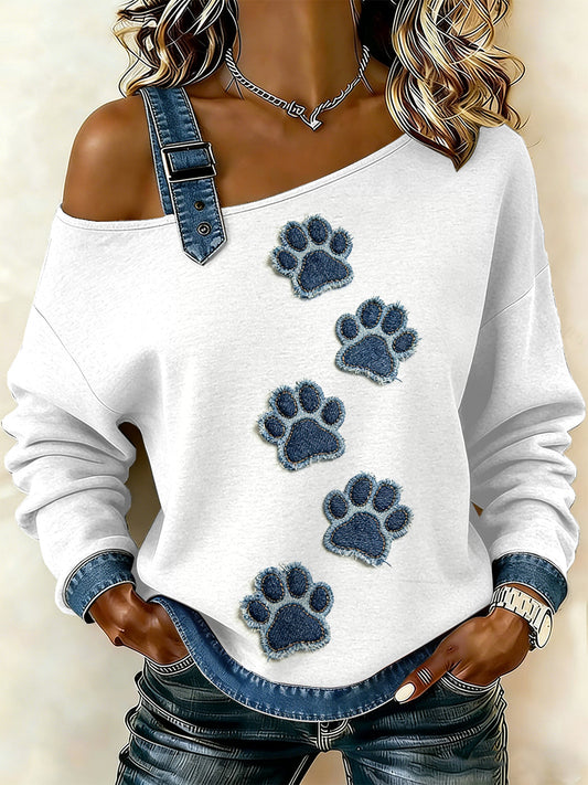 Patchwork de pata do cão Vintage feminino imprimir camisola Off-ombro Casual