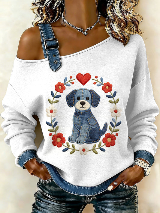 Cão Vintage Patchwork Floral impressão Casual Off-ombro moletom do mulheres