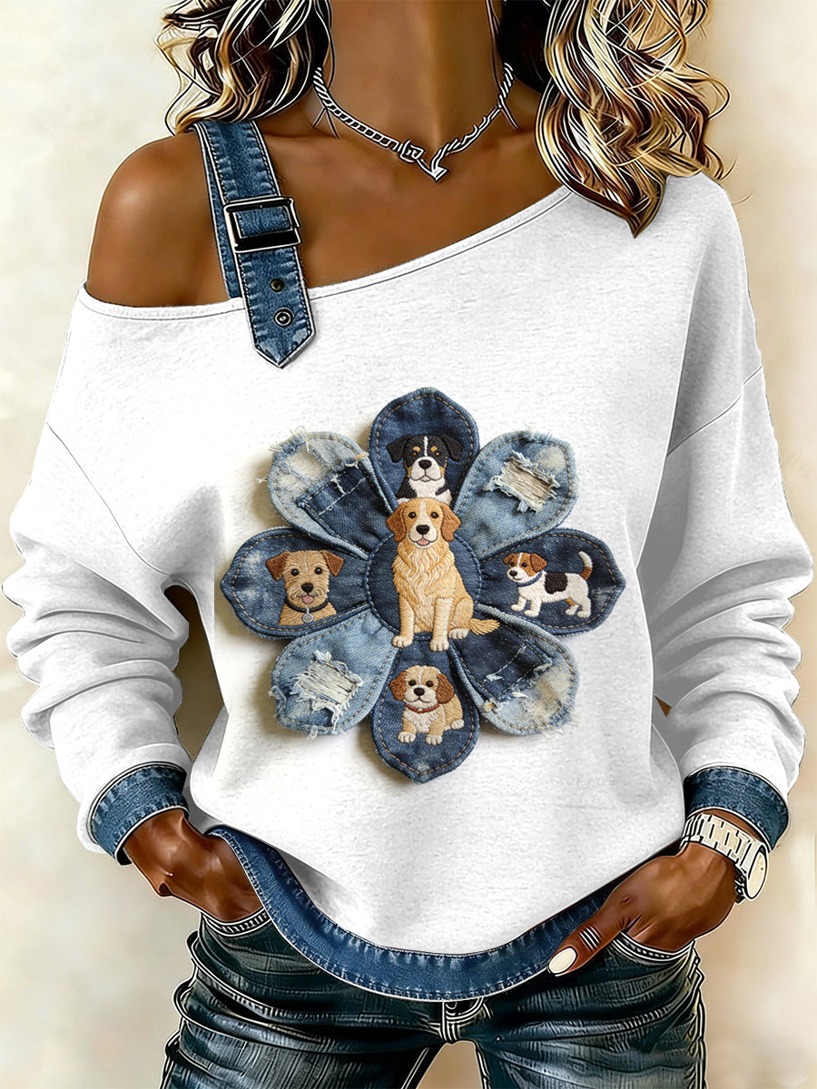 Flor Vintage cão Patchwork feminino imprimir camisola Off-ombro Casual