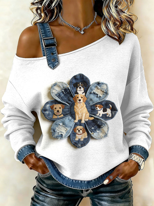 Flor Vintage cão Patchwork feminino imprimir camisola Off-ombro Casual