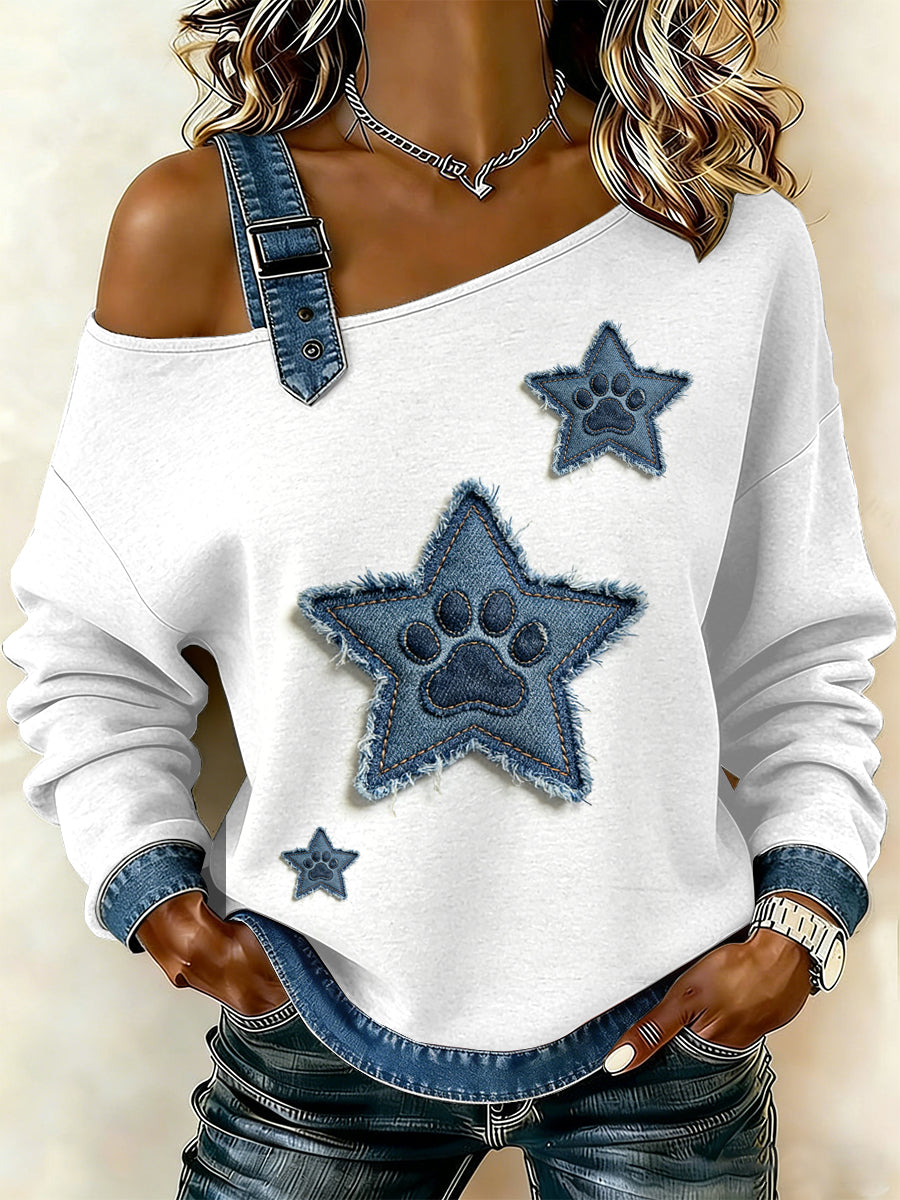 Patchwork de pata do cão Vintage feminino imprimir camisola Off-ombro Casual