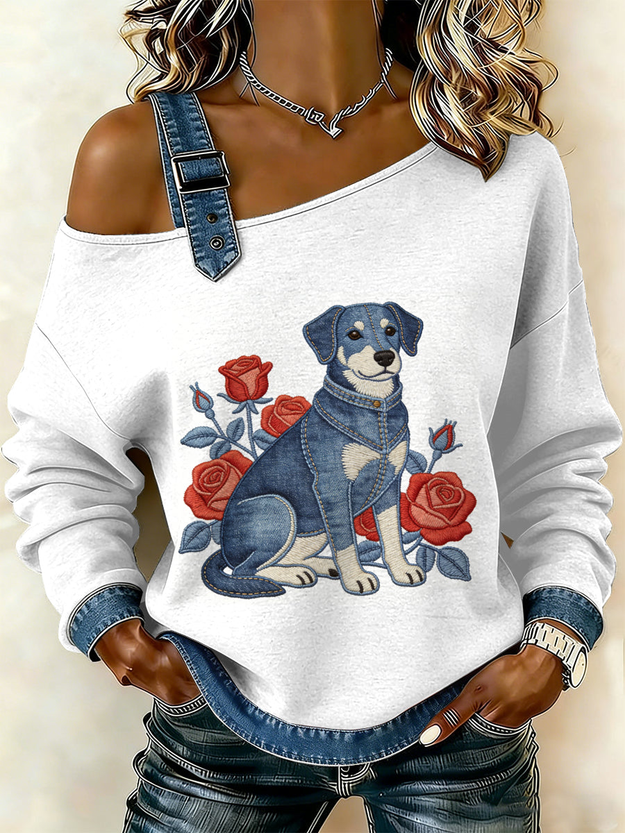Cão Vintage Patchwork impressão Casual Off-ombro moletom feminino