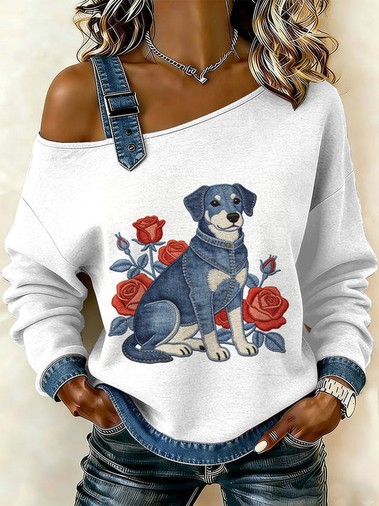 Cão Vintage Patchwork impressão Casual Off-ombro moletom feminino