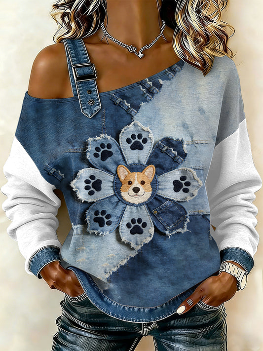 Flor Vintage cão Patchwork feminino imprimir camisola Off-ombro Casual