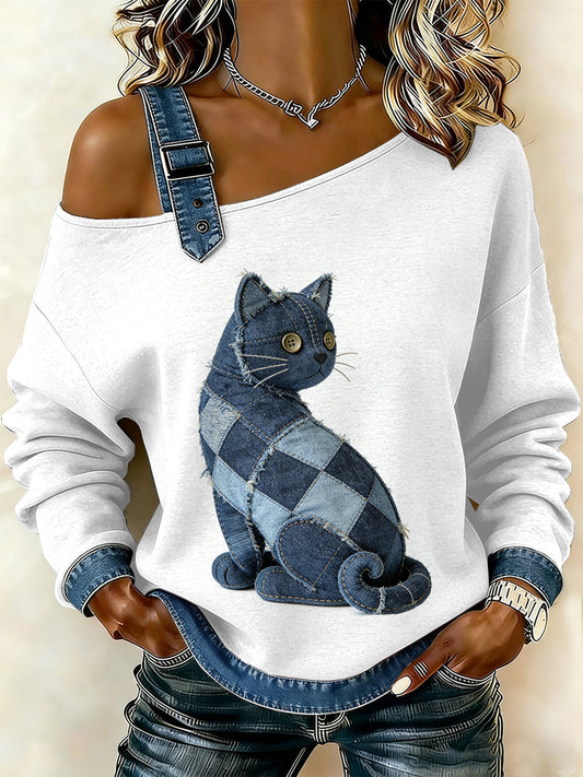 Flor Vintage gato Patchwork feminino imprimir moletom off-ombro Casual