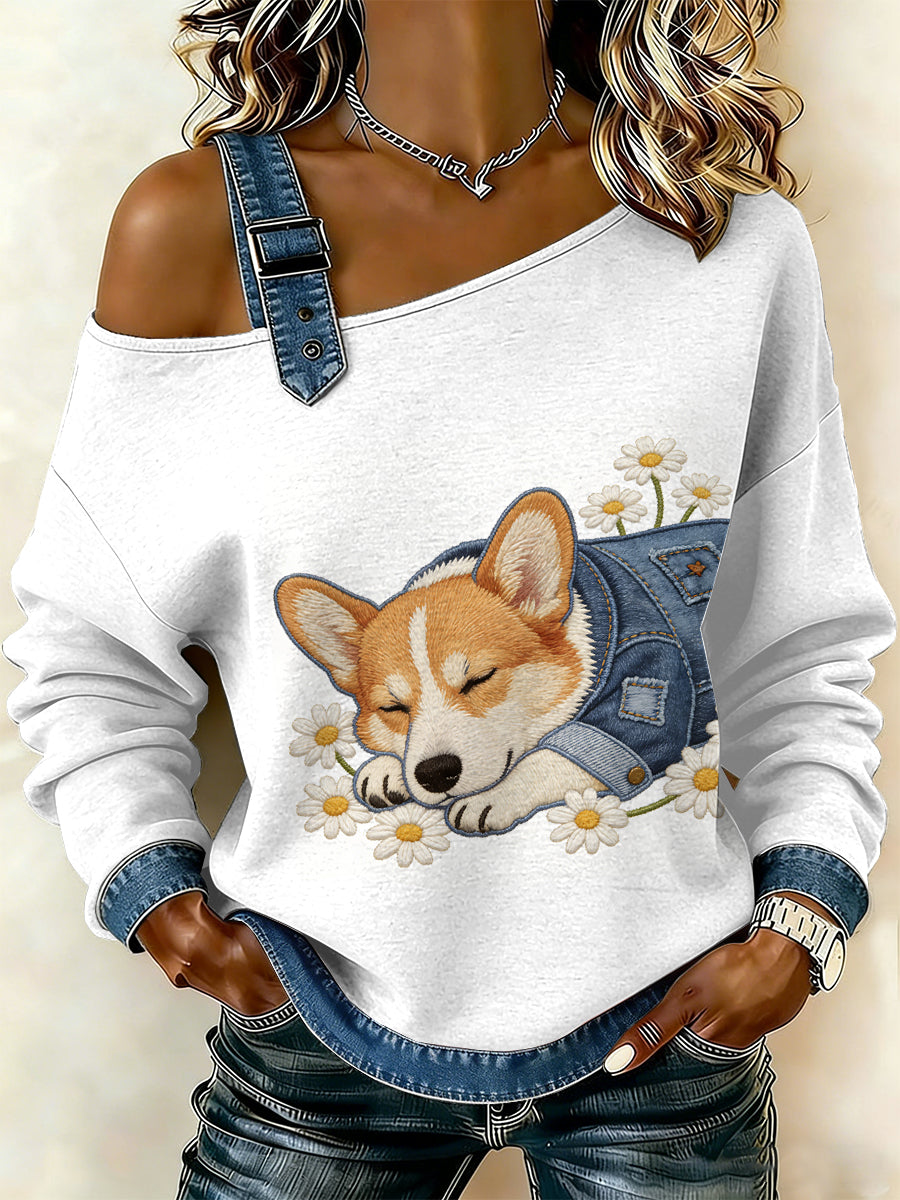 Cão Vintage Patchwork impressão Casual Off-ombro moletom feminino