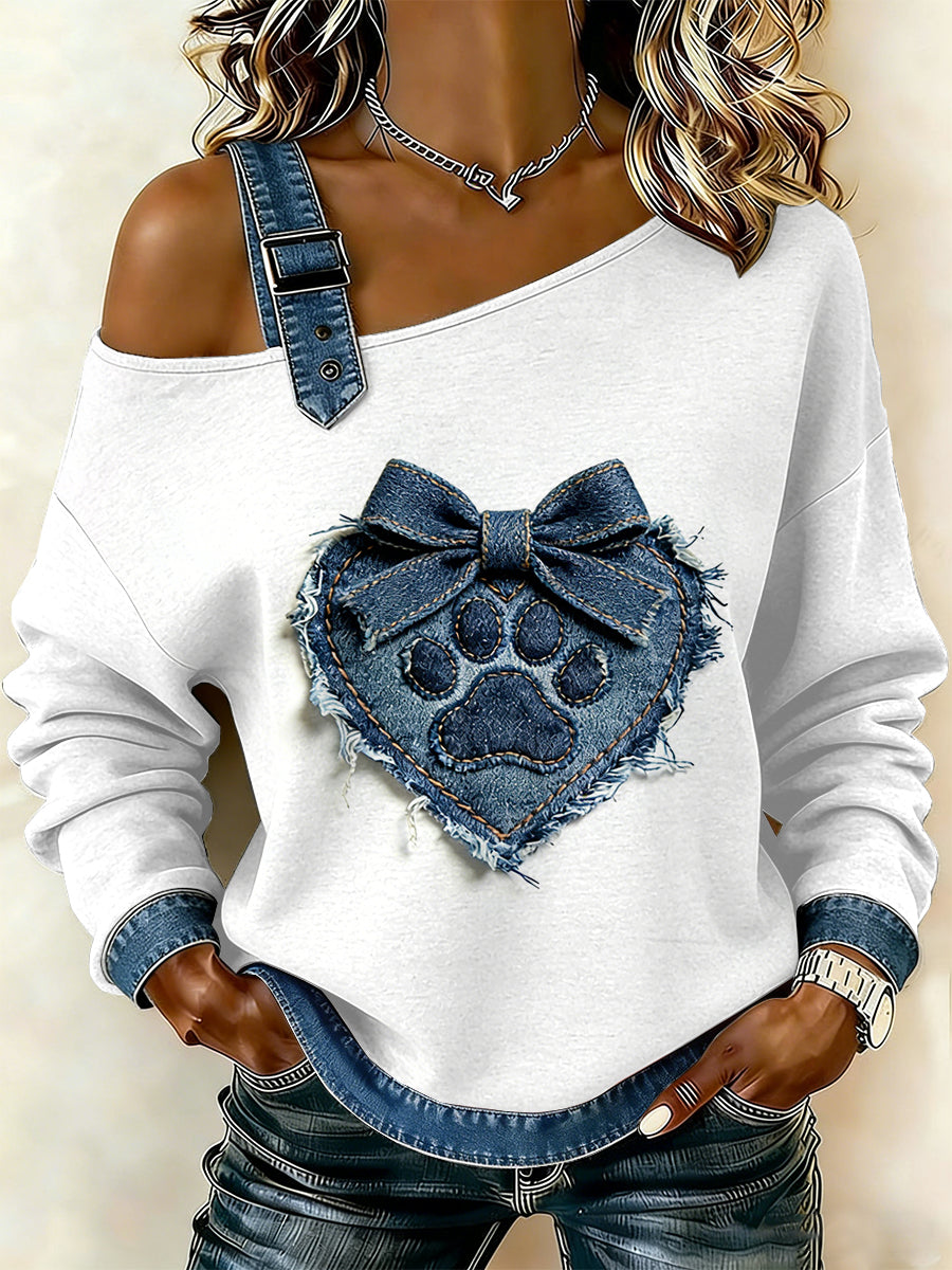 Patchwork de pata do cão Vintage feminino imprimir camisola Off-ombro Casual