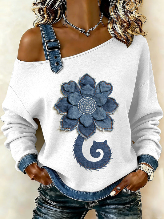 Flor Vintage gato Patchwork feminino imprimir moletom off-ombro Casual