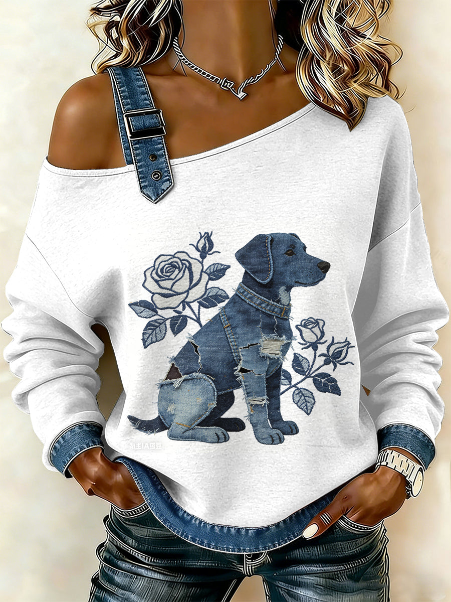 Cão Vintage Patchwork impressão Casual Off-ombro moletom feminino