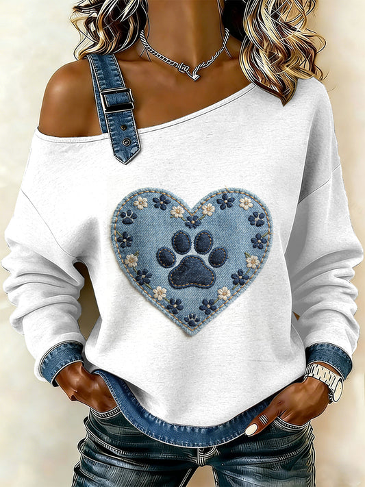 Patchwork de pata do cão Vintage feminino imprimir camisola Off-ombro Casual