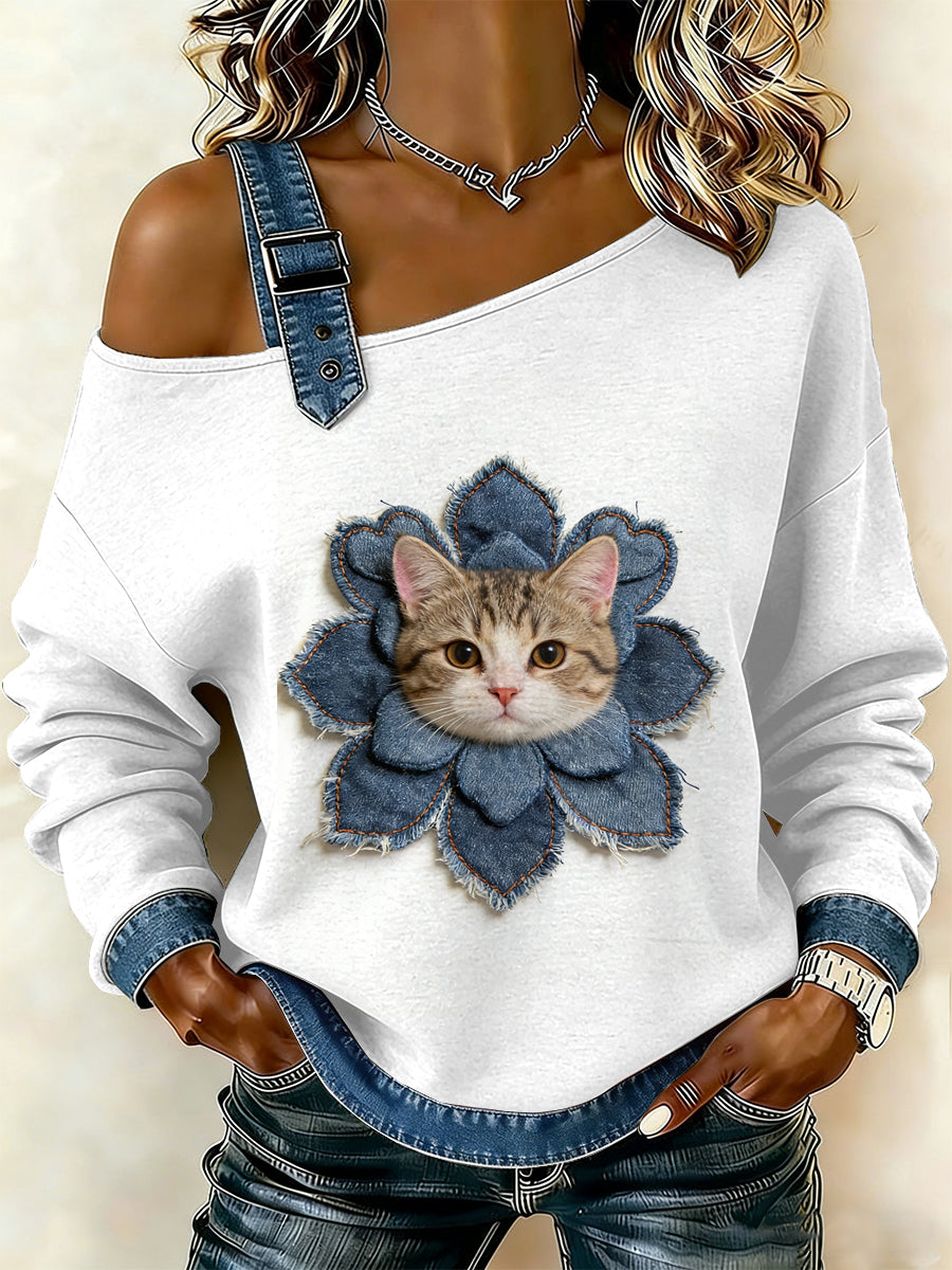 Flor Vintage gato Patchwork feminino imprimir moletom off-ombro Casual