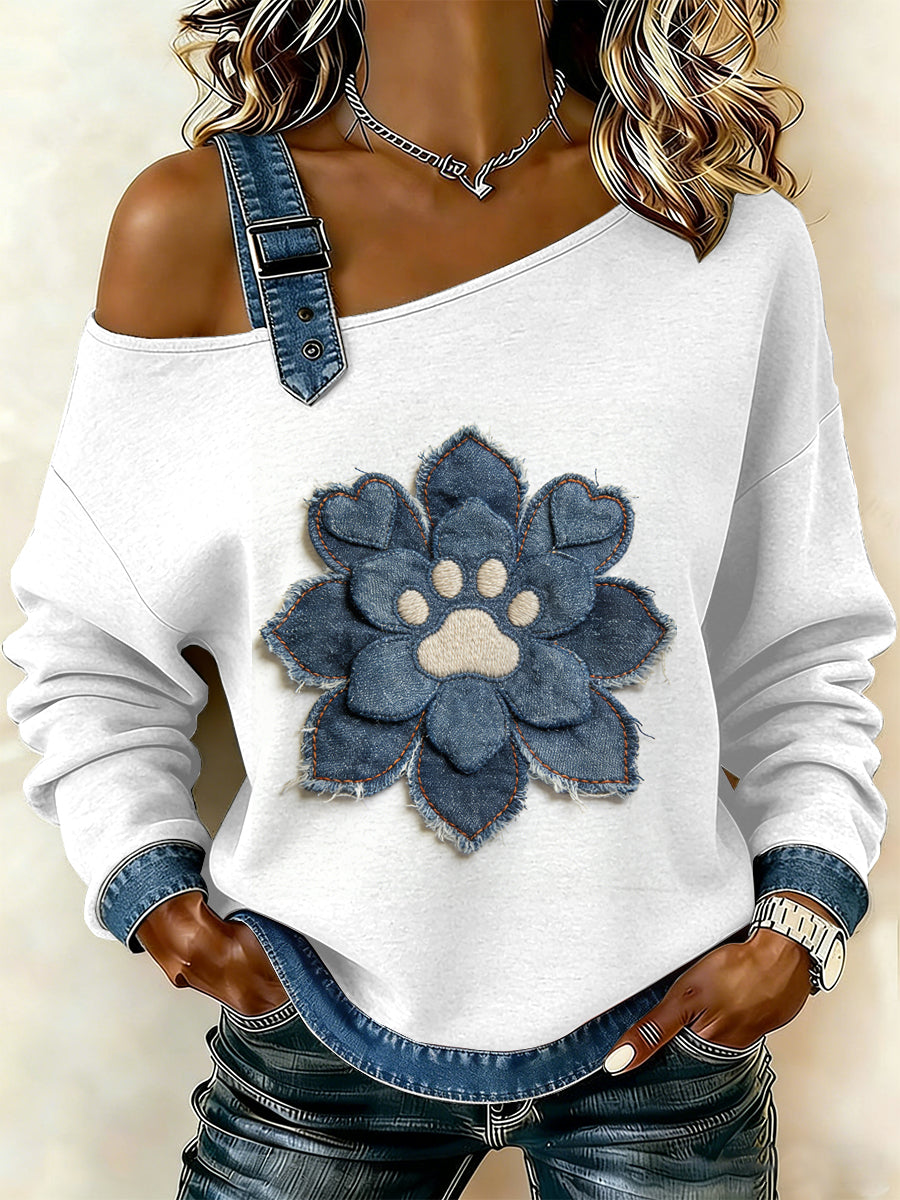 Patchwork de pata do cão Vintage feminino imprimir camisola Off-ombro Casual