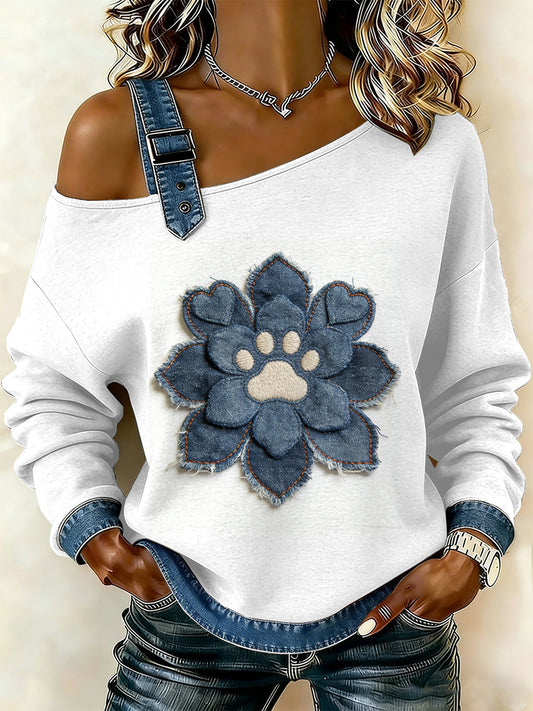 Patchwork de pata do cão Vintage feminino imprimir camisola Off-ombro Casual