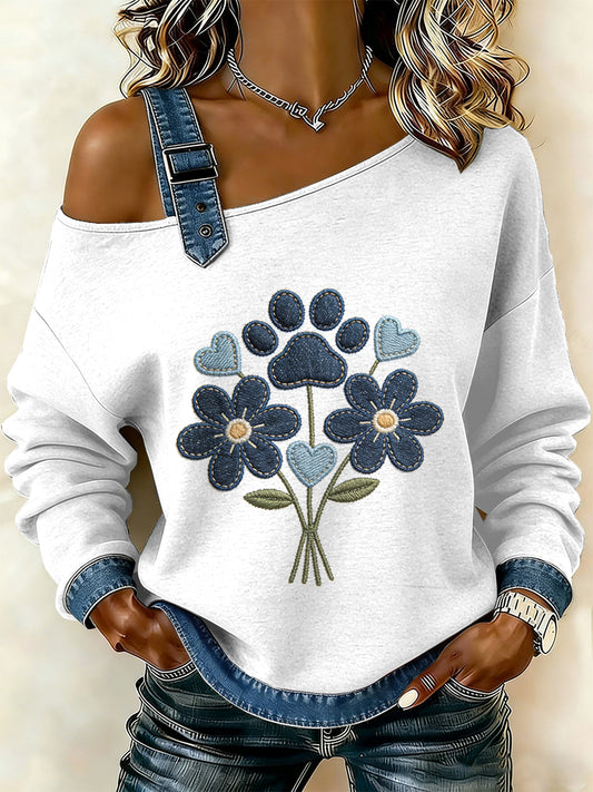 Patchwork de pata do cão Vintage feminino imprimir camisola Off-ombro Casual