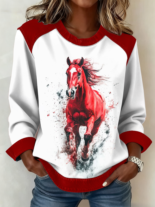 Western Red Horse Patchwork Top das mulheres