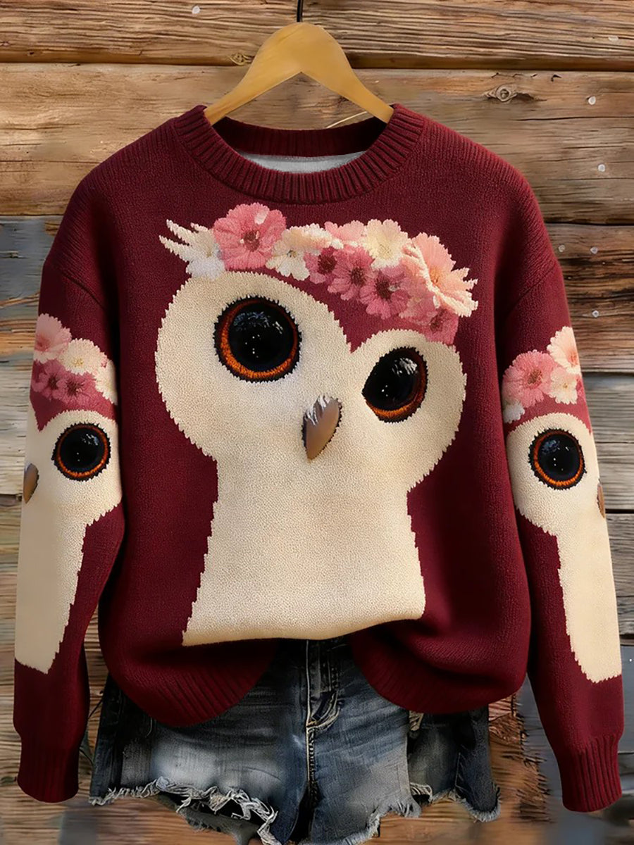 Inverno floresta coruja gola camisola de malha feminino