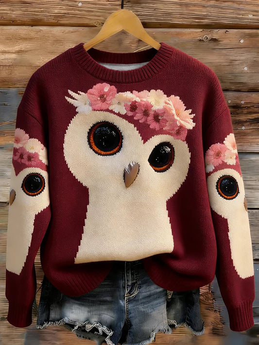 Inverno floresta coruja gola camisola de malha feminino