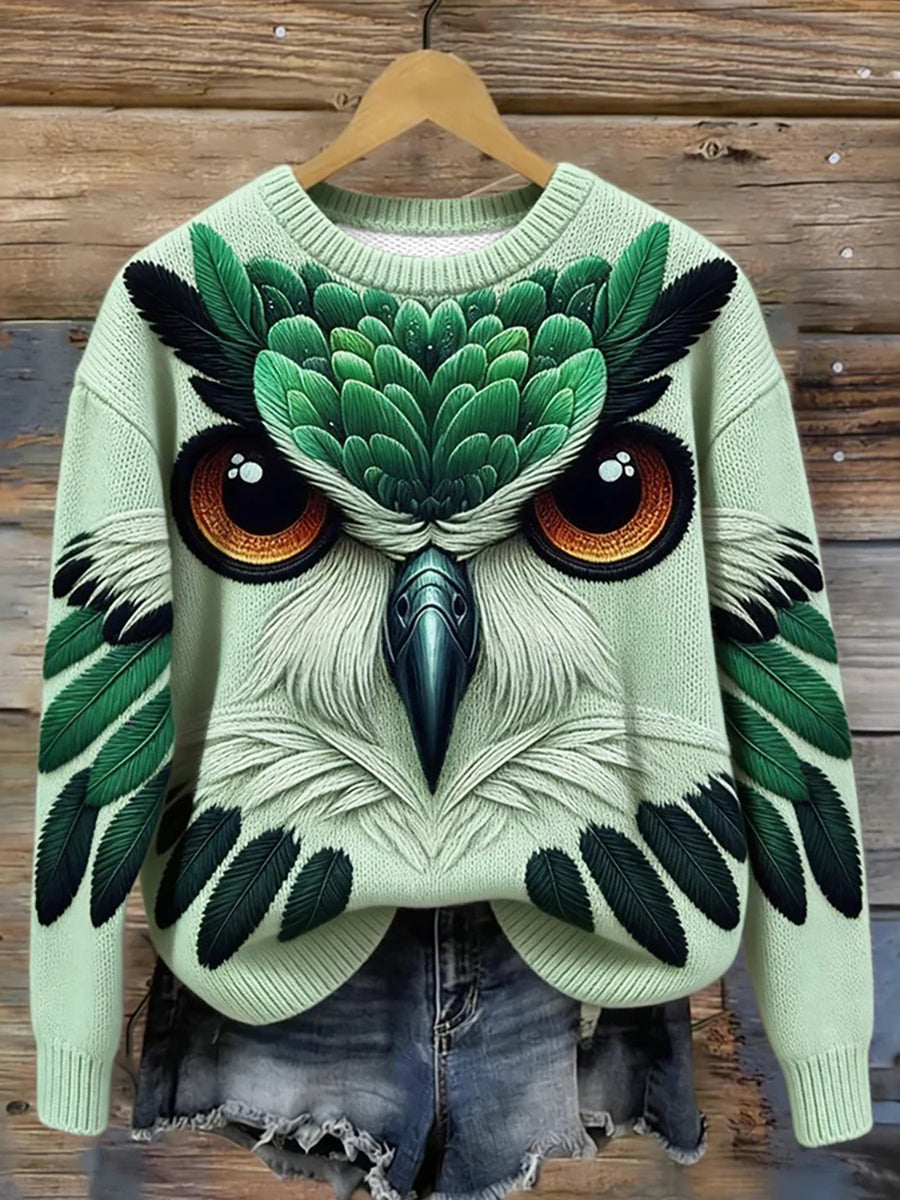 Inverno floresta coruja gola camisola de malha feminino