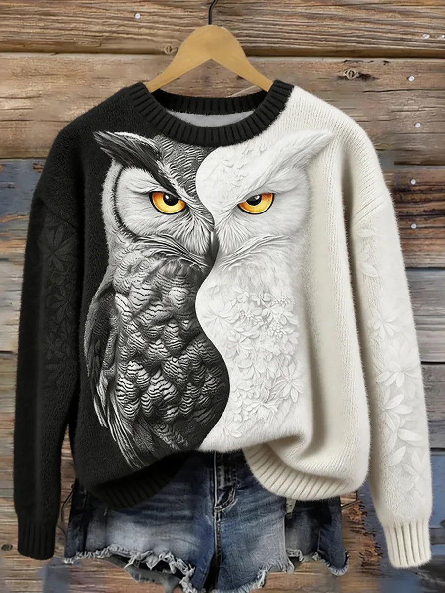 Inverno floresta coruja gola camisola de malha feminino