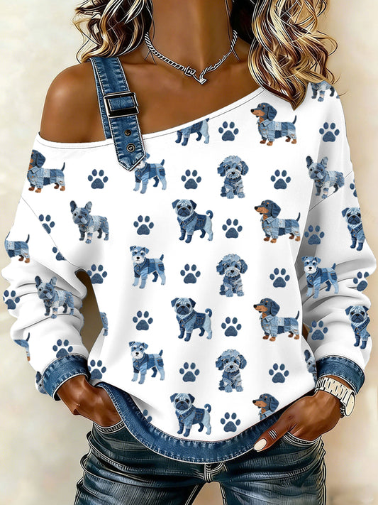 Adorável cão padrão Denim Patchwork Top das mulheres