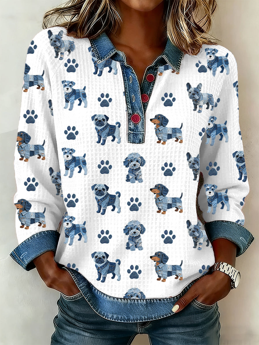 Adorável cão padrão Denim Patchwork Top das mulheres