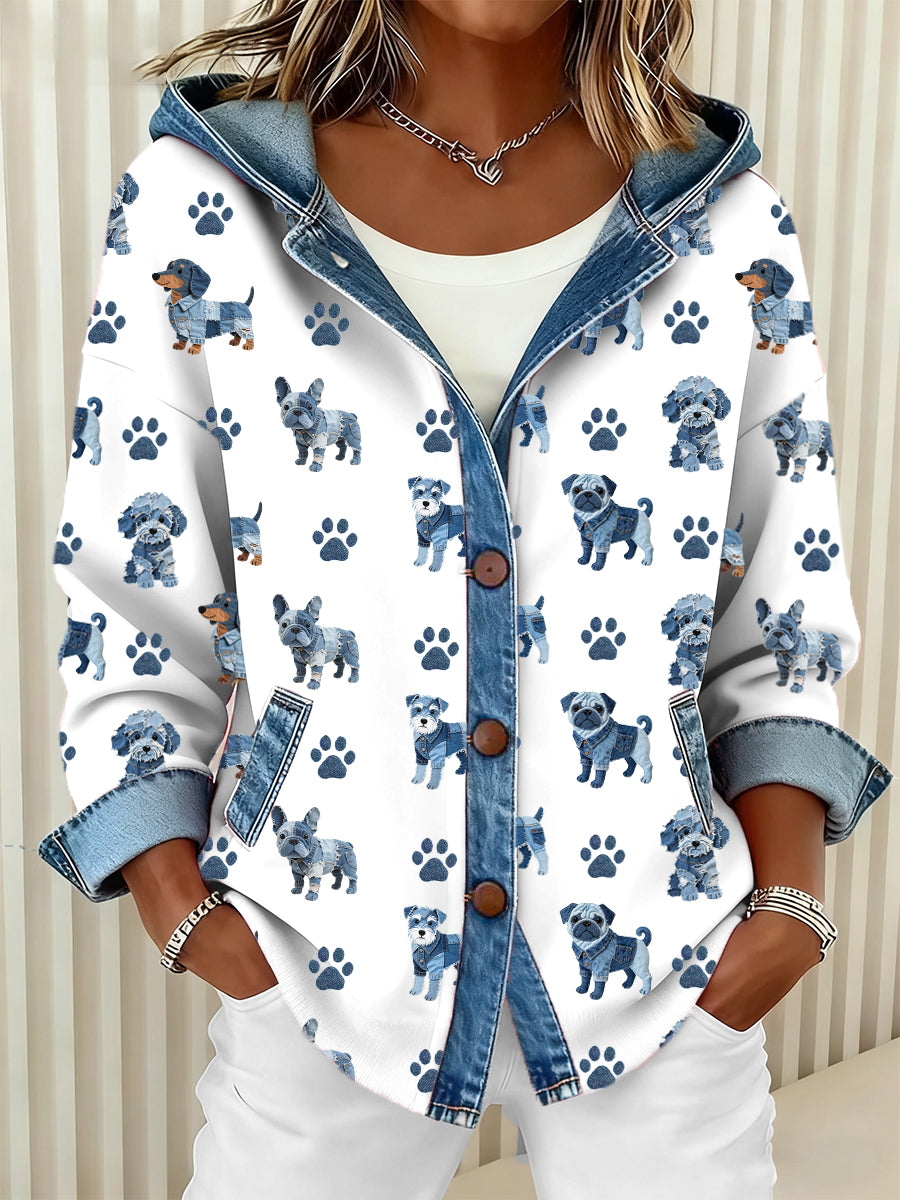 Adorável cão padrão Denim Patchwork Cardigan com capuz feminino