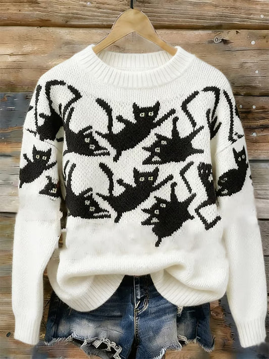 Padrão de gato feminino impresso redondo pescoço camisola