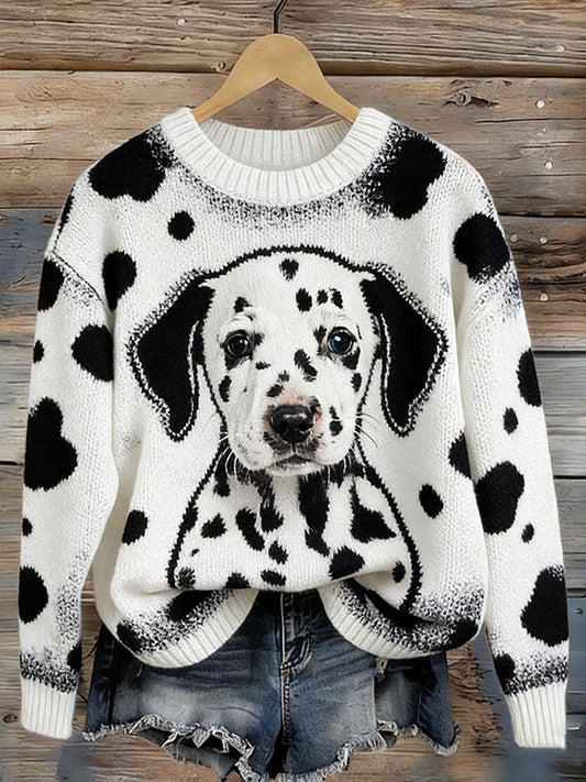 Ponto cão padrão feminino impresso redondo pescoço camisola
