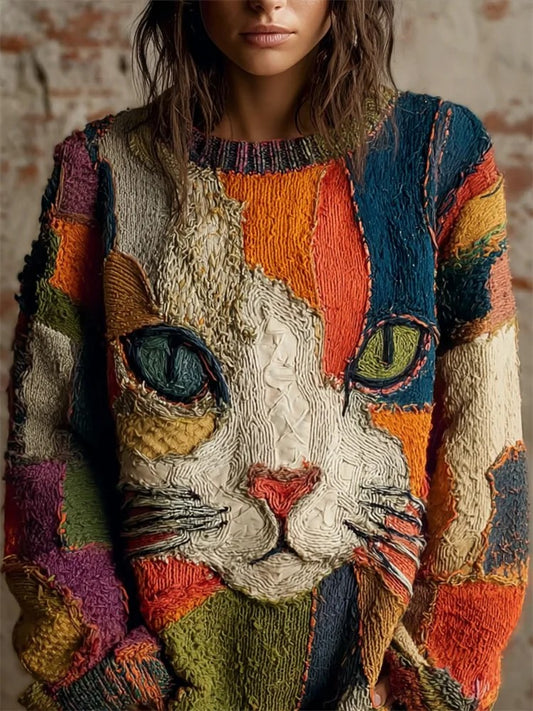 Gato Vintage arte impressão Casual do mulheres malha camisola