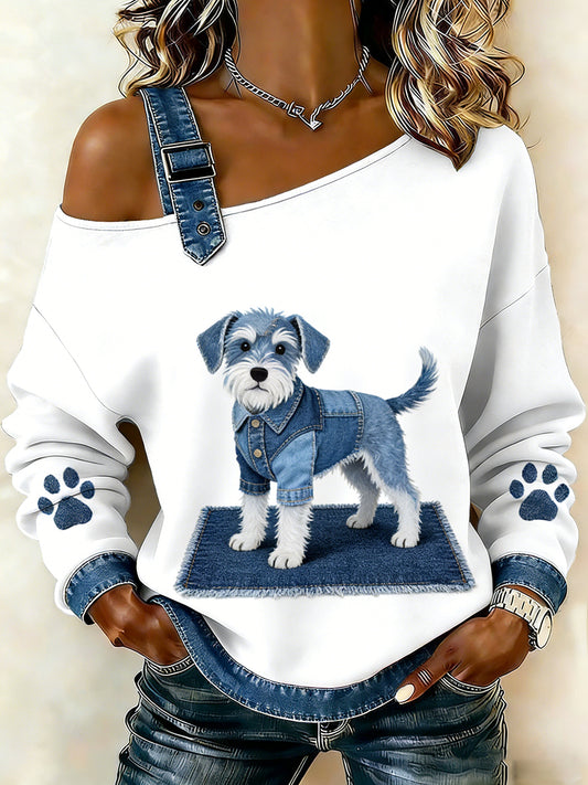 Animal bonito impressão Denim Patchwork Top confortável das mulheres