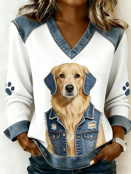 Vintage Denim Patchwork Top feminino com Animal Art Print, casual e confortável