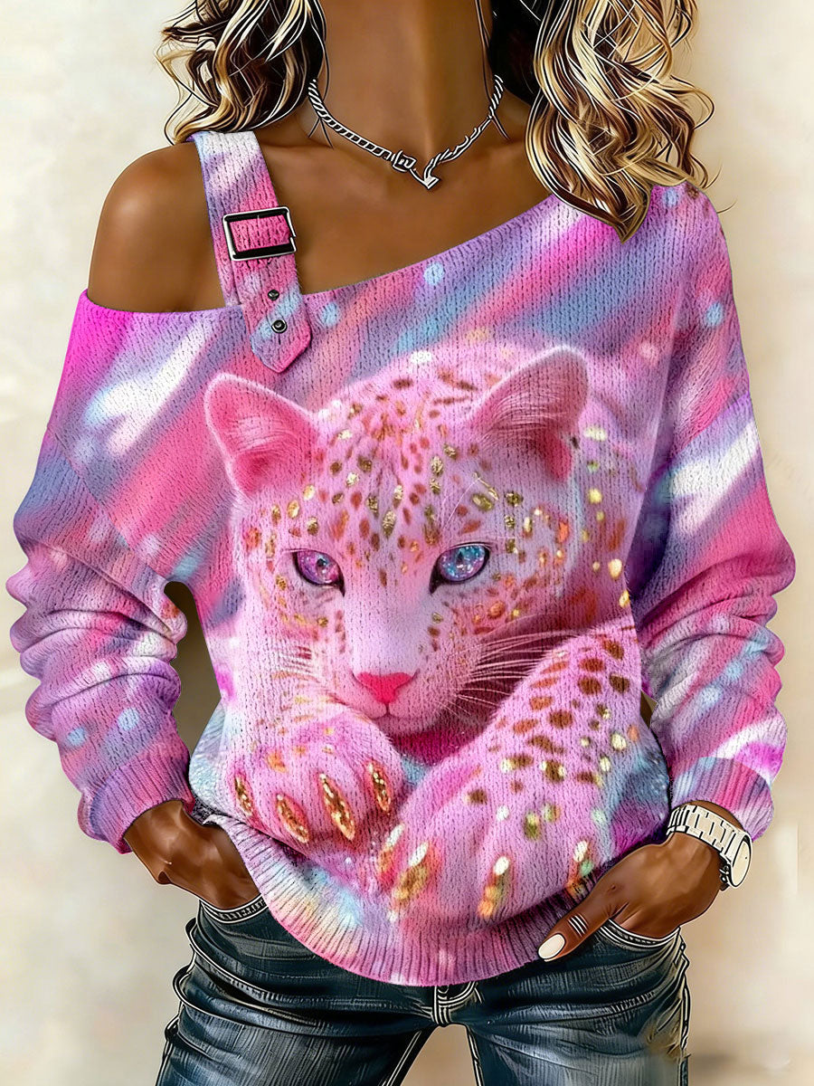 Leopardo rosa impressão off-ombro tops das mulheres