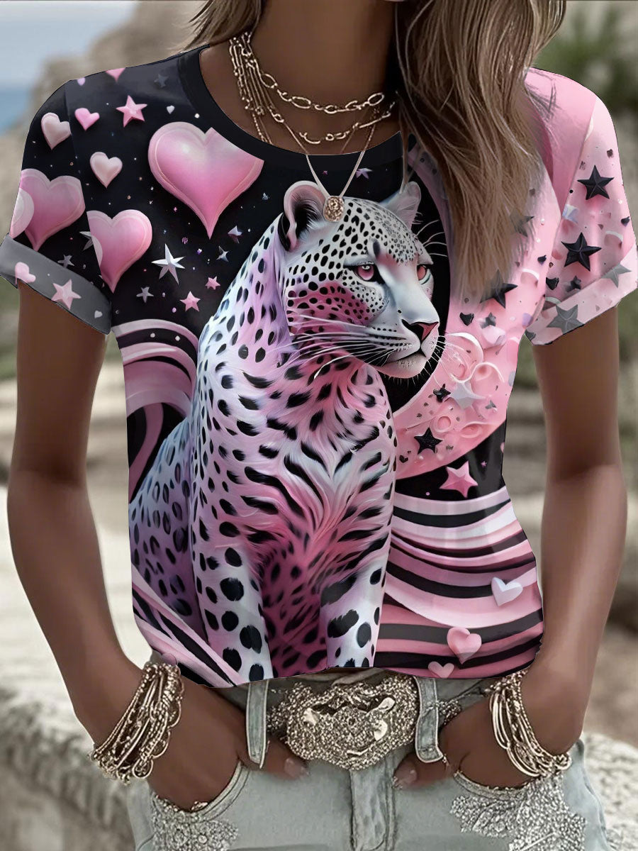 Camisetas estampadas de leopardo rosa feminino