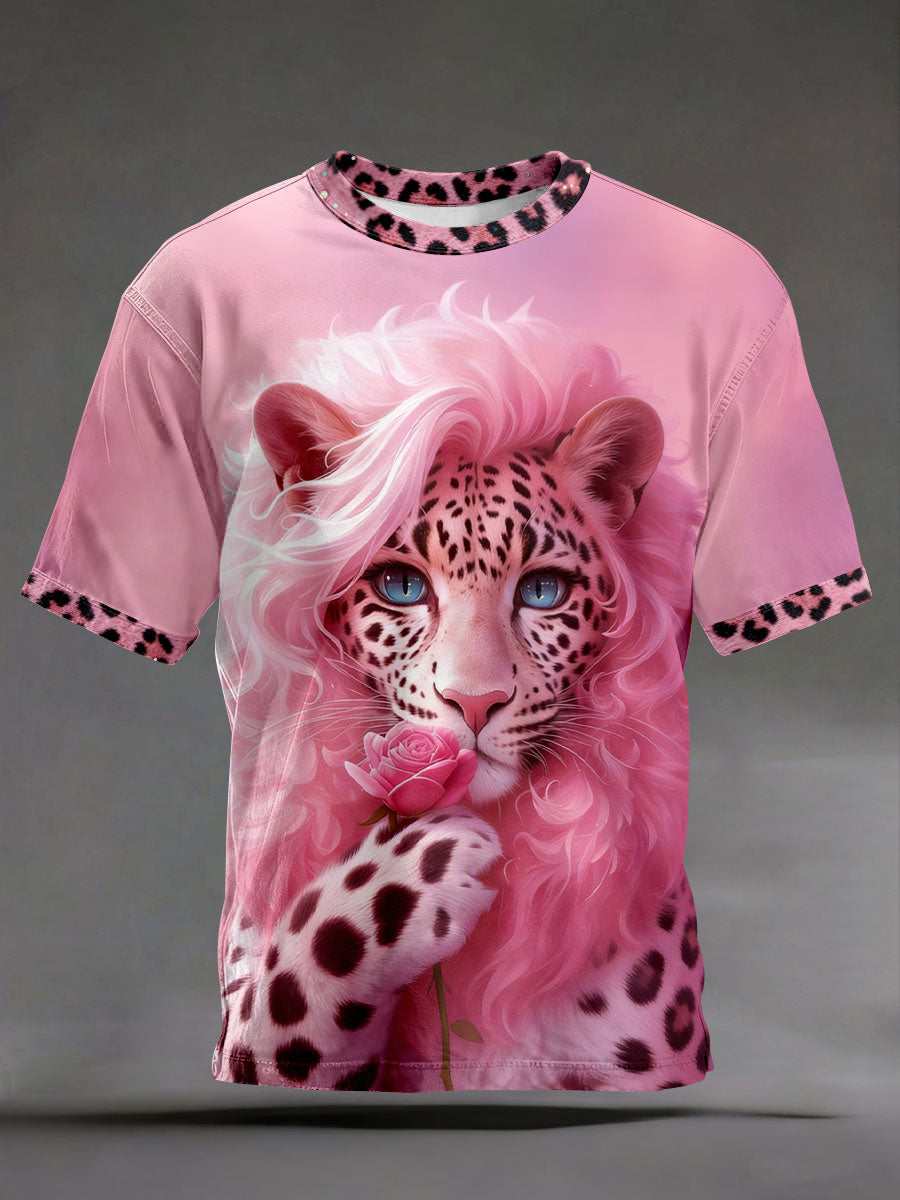 Camisetas estampadas de leopardo rosa masculina