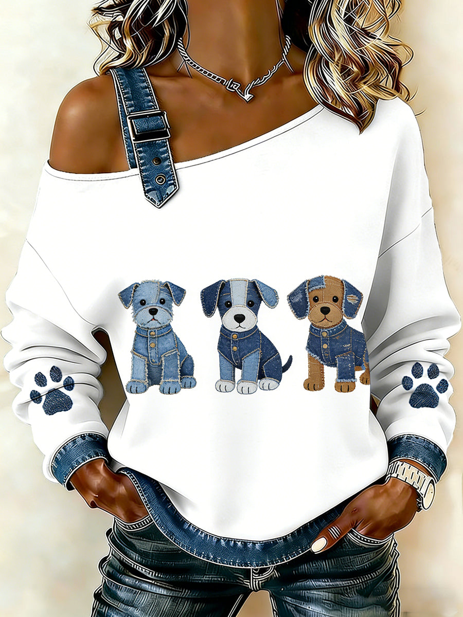 Animal bonito impressão Denim Patchwork Top confortável das mulheres