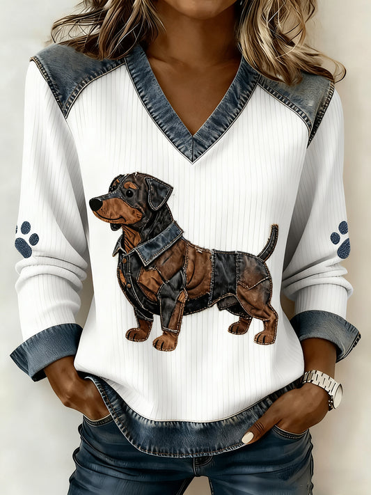 Vintage Denim Patchwork Top feminino com Animal Art Print, casual e confortável